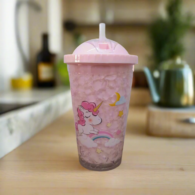 Double-Walled Plastic Cup with Cooling Gel and Straw, Pink Lid image