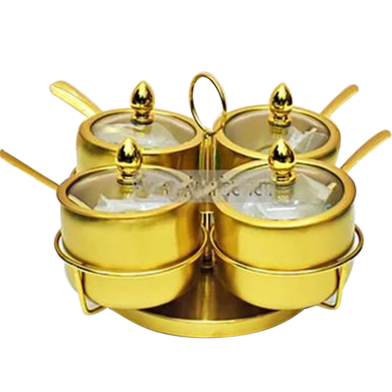 Elegant Dining Table Gold Finish Jar Set For Pickles Chutneys And Spices 4 Pcs image