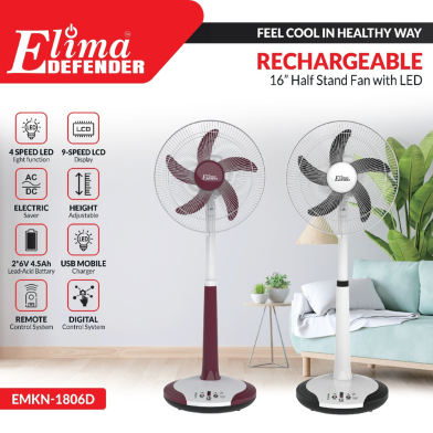 Elima Defender EM-KN2916 16 Inch Rechargeable Stand Fan with LED Light, 6V 7.0Ah Battery, AC/DC Power and USB Output image