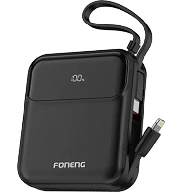 FONENG PX111 10000mAh Mini 22.5W Power Bank with 2 Built-in Cables- Black image