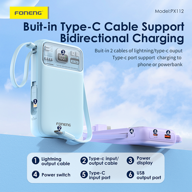 FONENG 10000mAh Mini 22.5W Magnetic Wireless Power Bank with 2 Built-in Cables- Blue - PX112 Slide 3