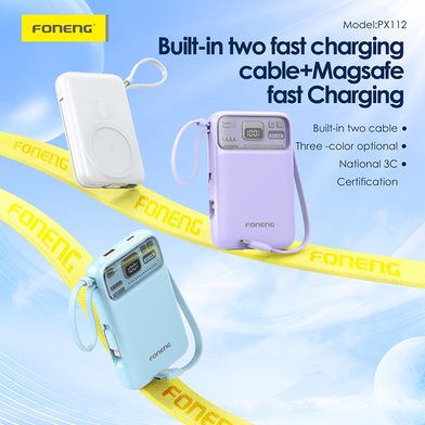 FONENG 10000mAh Mini 22.5W Magnetic Wireless Power Bank with 2 Built-in Cables- Blue - PX112 Slide 2