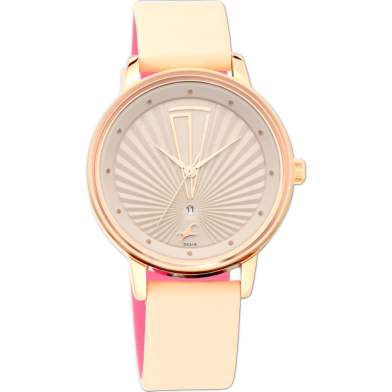 Fastrack Ruffles Quartz Analog With Date Peach Dial Peach Leather Strap Watch For Woman image
