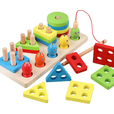 Fishing Game Geometry and Color Learning Five Sets of Columns Wooden Toys for Children Building Toy Baby Education Puzzle Board image