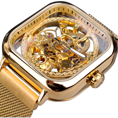 Forsining Men Automatic Watch Square Skeleton Mesh Steel Band Mechanical Business Clock Relogio Masculino Erkek Kol Saati image