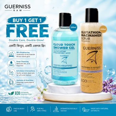 Guerniss Raw Cloud Touch Shower Gel 250ml With Glutathione Vitamin C Body And Face Scrub 200ml (Buy 1 Get 1 FREE) image