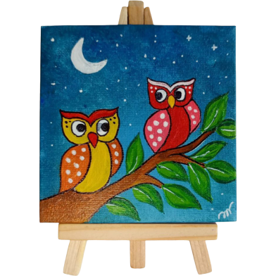 Hand-Painted Acrylic Mini Canvas With Wooden Easel 4×4 Inch – Full Moon Night Owl image