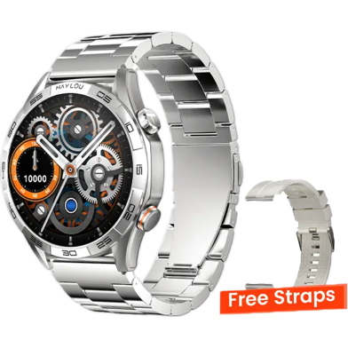 Haylou Solar 5 1.58 Inch AMOLED Display BT Calling Smart Watch ( Metallic Plus Silicone ) Strap- Silver image