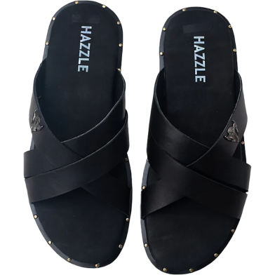 Hazzle Black Premium Leather Sandal Stylish Cross Design image