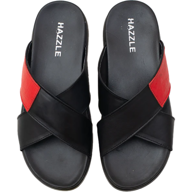 Hazzle Premium Leather Sandal Posh Black And Red Stylish Cross Design image