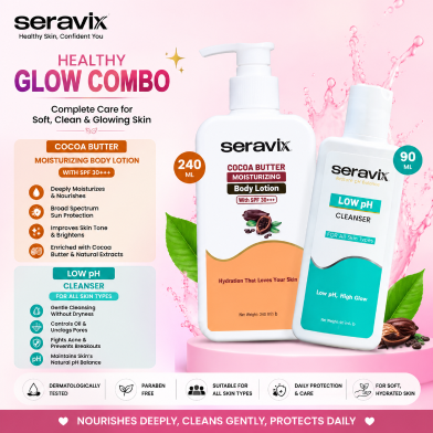Healthy Glow Combo 09 Seravix Cocoa Butter Moisturizing Body Lotion With Spf 30 Plus Plus Plus 240ml With Seravix Low Ph Cleanser 90ml image