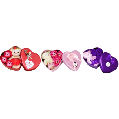 Heart-Shaped Box with Teddy and Roses Valentine Day Best Love Gift -1Pc image