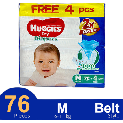 Huggies 2x Drier Dry Belt System Baby Diaper (M Size) (6-11kg) (72plus4pcs) image