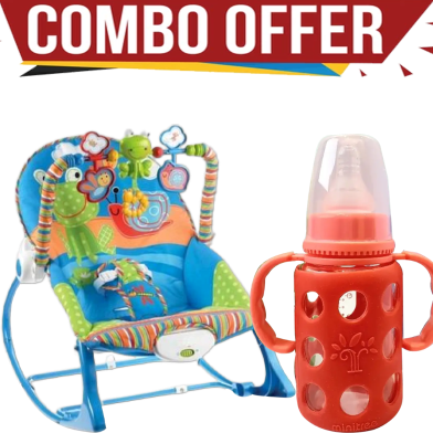 Infant to Toddler Rocker with Music and Vibration Baby Bouncer And Minitree Glass Feeder 120 ml (Combo Offer) image