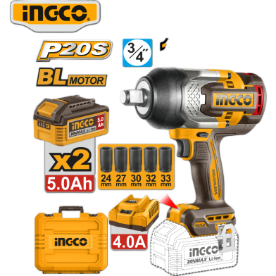 Ingco 20v 1050nm Cordless Impact Wrench With 2 Pcs 5.0ah Battery Pack 1 Pcs Charger And 5 Pcs Deep Sockets image