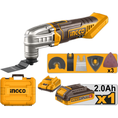 Ingco Cordless Multi Tool 6 Speed Adjustment With Blades And Sanding Papers With Battery And Charger image