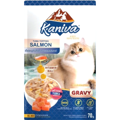 Kaniva Cat Pouch Tuna and Topping Salmon In Gravy For All Age Cats 70gm image