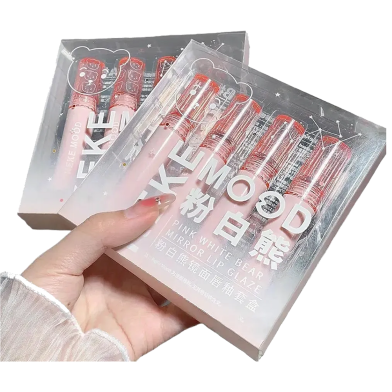 Keke Mood Pink White Bear Mirror Lip Glaze 4 Pcs Set Lipstick Lipgloss image