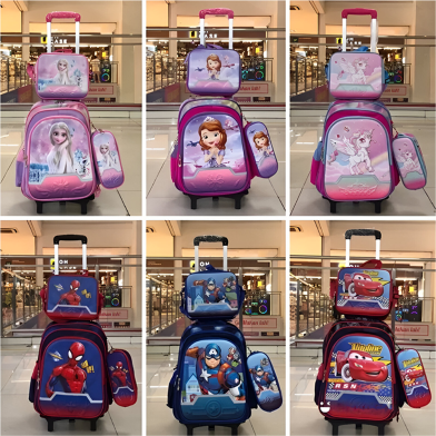 Kids Cartoon Character 3 Pcs Stroller School Bag with Lunch Bag, Pencil Case and Detachable Wheels image