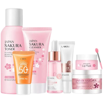 LAIKOU Japan Sakura Toner/ Sunscreen SPF50 / Cleanser/Serum/Eye Cream/ Essence Cream /Lip Mask Combo set -7 pcs image