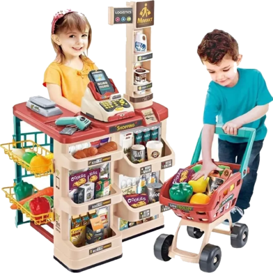 LONGMIRE 48 Piece Kids Toys Pretend Role Play Electronic Toy with Shopping Cart and Sound Effects Supermarket Kit for Kids image