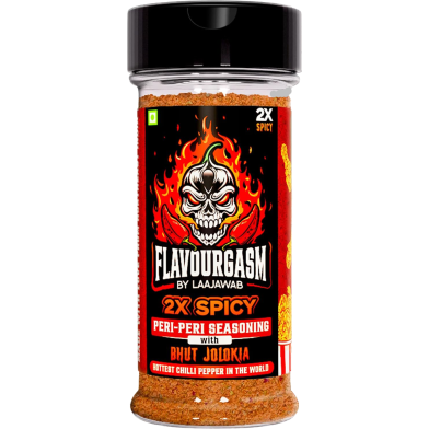 Laajawab Flavourgasm Peri Peri Masala Powder with Bhut Jolokia | 2X Spicy Seasoning for Fries, Popcorn, Pizza, Pasta, Noodles, Chicken, Veggies | Tangy Fiery image