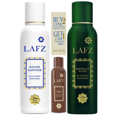 Lafz Body Spray Combo Package - Kayani Dastoor and Makhallat Al Aud With free Bakhoor Aseer 45g image