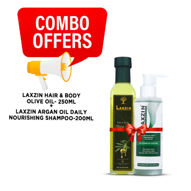 Laxzin Hair And Body Olive Oil 250ml And Argan Oil Daily Nourishing Shampoo 200ml Combo Offer image