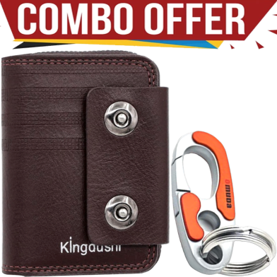 Leather Wallet With a Dual Snap-Button Closure And Omuda Stylish Hook Locking Metal Carabiner Double Ring Key Combo Offer image