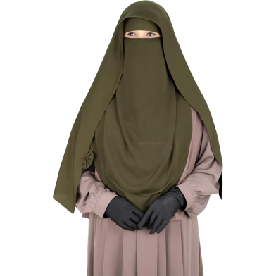 Glam Touch Luna- 2 Layer Hoodie Niqab | Boiled Olive image