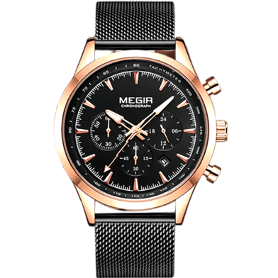 MEGIR Luxury Mens Stainless Steel Sports Watch 2153 Chronograph Leather Strap Waterproof image