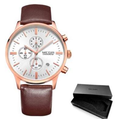MEGIR Rose Gold And Brown Leather Strap Watch for Men image