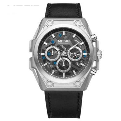 MEGIR Luxury Mens Stainless Steel Sports Watch Chronograph Leather Strap Waterproof image