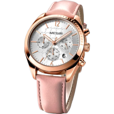 MEGIR Womens Quartz 2115 Chronograph Watch Waterproof Genuine Leather Strap Fashion Wristwatch image