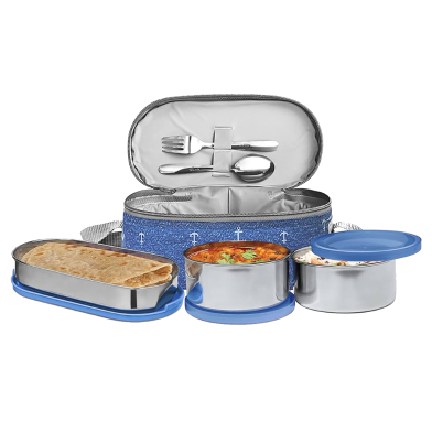 MILTON Corporate Lunch Box Stainless Steel Tiffin (2 Round Container 280 ml Each and 1 Pc Oval Container 500 ml) with Bag, Leak Proof image