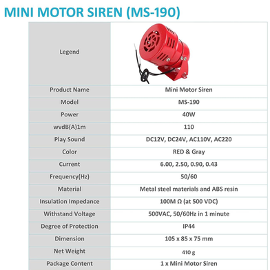 MS-190 AC 220v 114db Plastic Industrial Alarm Sound Motor Siren Slide 5