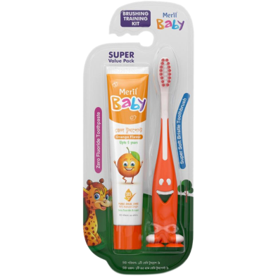 Meril Baby Brushing Training Kit (Combo of a Giraffe Shape Super Soft Bristle Baby Toothbrush and a 45gm Orange Flavour Zero Fluoride Toothpaste) image