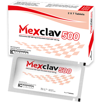 Mexclav 500 mg, 125 mg Tablet 10's strip image