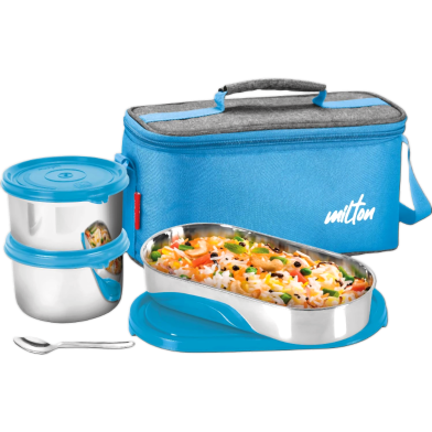 Milton Steel Smart Lunch Box 2 Round 500ml 1 Oval 675ml Spoon Insulated Fabric Bag Blue image