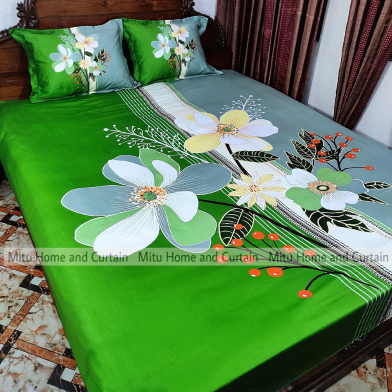 Mitu Home and Curtain King Size Full Panel Bedsheet With Pillow Cover Chador Set 7×8 Feet Full panel Cotton Fabric Green Flower image