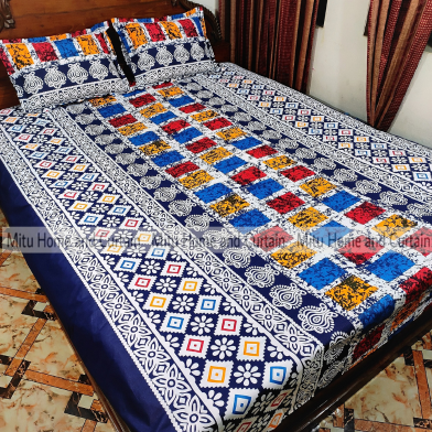 Mitu Home and Curtain King size Bedsheet with Pillow cover Chador set 7×8 feet cotton fabric Blue batik image