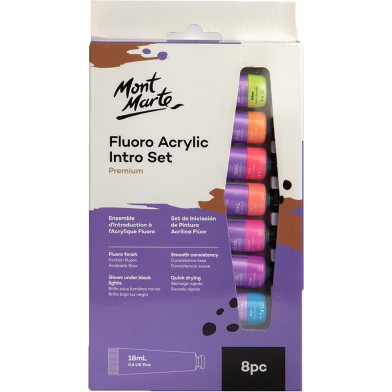Mont Marte Fluro Glow In The Dark Acrylic Paint Intro Set 8 x 18ml - Glows Under Black Light image