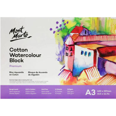 Mont Marte Premium Watercolour Block 100-percent Cotton A3 300 gsm 12 Sheet image