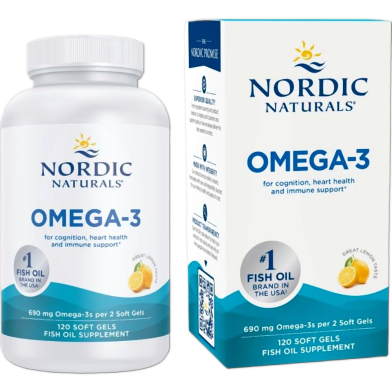 NORDIC NATURALS Omega Three Lemon Flavor 120 Soft Gels 690 mg Omega Three Fish Oil EPA and DHA Immune Brain and Heart Health image
