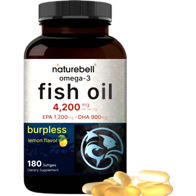NatureBell Omega 3 Fish Oil 4200mg Highly Purified EPA 1200mg and DHA 900mg Lemon Flavored 180 Softgels image