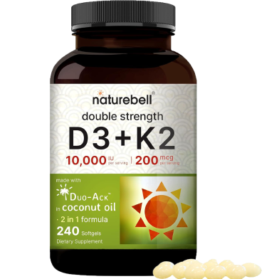 NatureBell Vitamin D3 Plus K2 10,000 IU Vitamin D plus 200mcg Vitamin K MK-7 240 Softgels -522740375 image