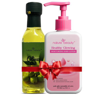 Nature Beauty Glowing Body Lotion-200ml and Olive Oil (Glass)-100ml Combo image