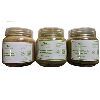 Nature Leaf Pudina Pata Gura 100gm Plus Mehedi Pata Gura 100gm Plus Sajne Pata Gura 100gm - Total 300gm Savings Combo Pack image