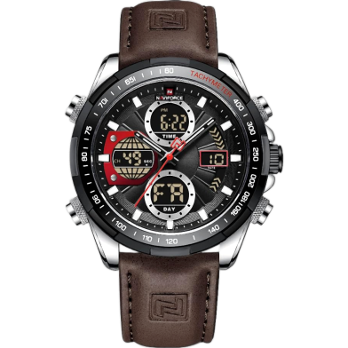 Naviforce Men Analog Digital Chronograph Dual Display Leather Strap Quartz Watch -NF9197 (Brown) image