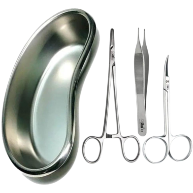 Needle Holder, Adsion Forceps, Iris Scissor With Kidney Tray | Suture Set image